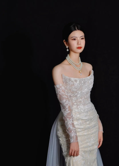 Robe de mariée longue et romantique blanche sirène sans bretelles en dentelle, avec traîne, AB2474