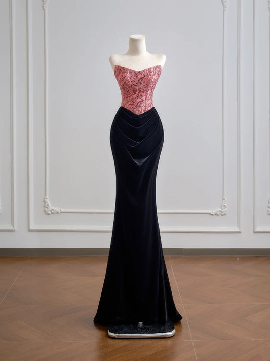 Figurschmeichelndes, trägerloses Meerjungfrauen-Abendkleid aus rosa Satin mit schwarzem Samt, langes formelles Abendkleid für Geburtstagsfeiern N382