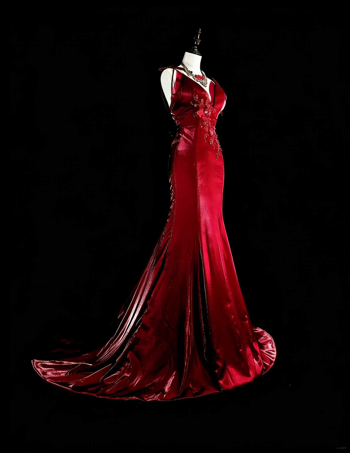 Robe de bal vintage sirène à fines bretelles bordeaux, inspiration classique, robe de soirée formelle N1993
