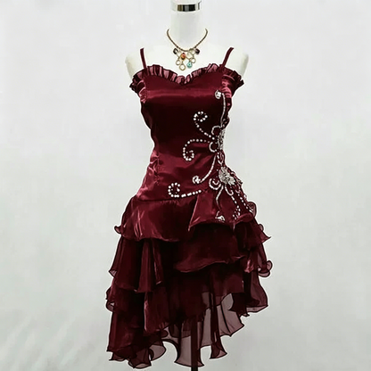 Robe de soirée/de bal mignonne en organza noir bordeaux avec bretelles fines et perles argentées pour le retour au bercail N3907