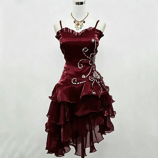 Cute Ball Gown Spaghetti Strap Burgundy Little Black Organza With Silver Beading Party Dress Homecoming Dresses N3907