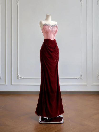 Romantisches Meerjungfrauen-Kleid, trägerlos, rosafarbenes Top aus Satin und burgunderrotem Samt, langes Ballkleid, beeindruckendes Outfit zum 18. Geburtstag, Partykleid N393