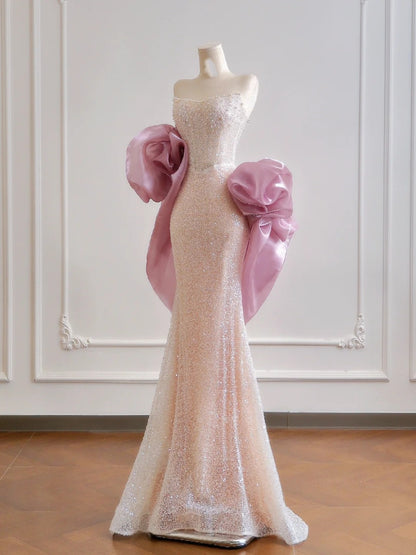 Glamouröses, trägerloses Meerjungfrauen-Abendkleid in Hellrosa mit Pailletten und Cape, langes Abendkleid, festliches Kleid, Geburtstagskleid N377