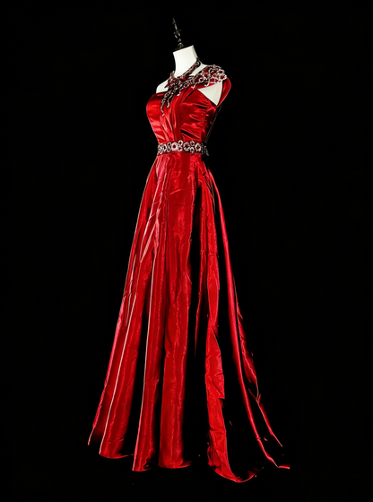 Robe de bal longue rouge vintage asymétrique à une épaule, ornée de perles, référence N1825