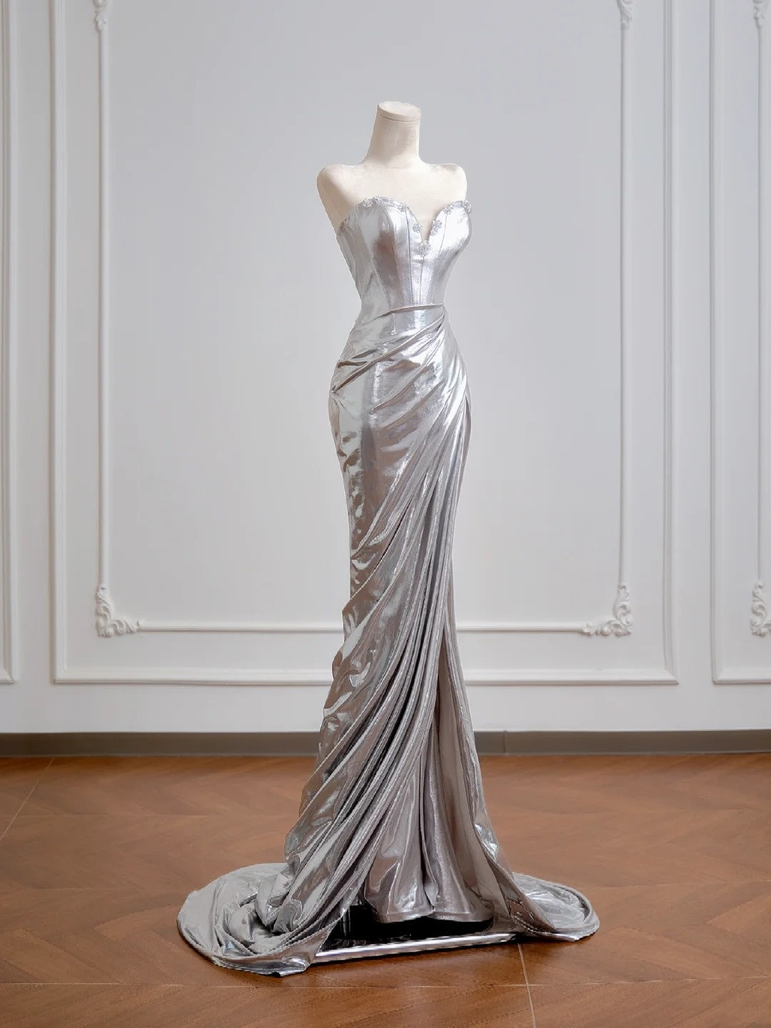 Glitzerndes Meerjungfrauen-Abendkleid mit Pailletten, silberfarben, langes, formelles Abendkleid mit hohem Schlitz, Partykleid N345