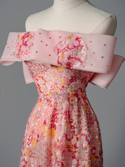 Elegantes, schulterfreies, pinkfarbenes Paillettenkleid in A-Linie – langes Ballkleid für Teenager (N1170)