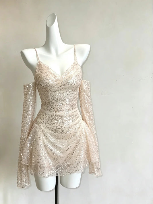 Cute A line Spaghetti Strap Gold Sequin Graduation Dresses High School For 8th Grade Senior Inspo Homecoming Dress RB3282