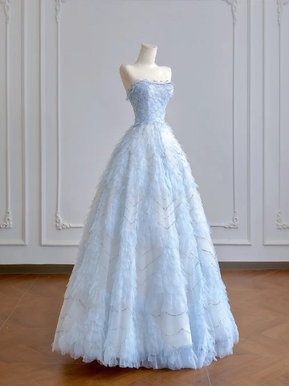 Robe de bal intemporelle bustier en tulle bleu ciel clair, longue robe de soirée, inspiration robe de soirée N375