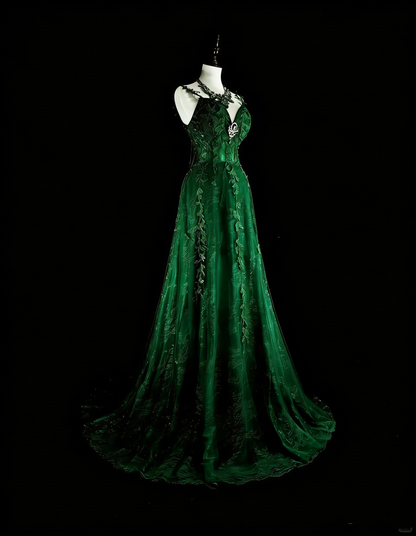 Robe de bal longue N1847, coupe trapèze, bretelles spaghetti, tulle vert foncé orné d'appliqués