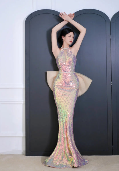 Robe de bal longue sirène à sequins, dos nu, style modeste, pour lycéennes et adolescentes, tenue de soirée de fin d'année AB2525
