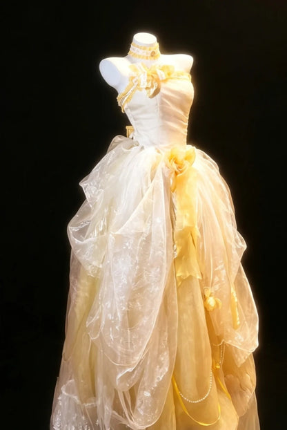 Fairy Quince Dress Ball Gown Strapless Yellow Tiered Sweet 16 Quinceanera Dresses 15 Vestidos De Fiesta N4481