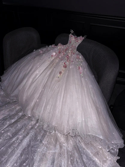 Prinzessinnen-Ballkleid, trägerlos, rosa, geblümter Tüll, langes formelles Abendkleid, formelles Kleid zum 18. Geburtstag, Ballkleid N736