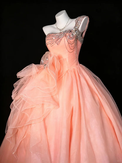 Süßes Ballkleid, eine Schulter, korallenrosa Tüll mit Perlen, Quince-Kleid, lang, Sweet 15 16 Quinceañera-Kleider, Vestido de princesa RB4472