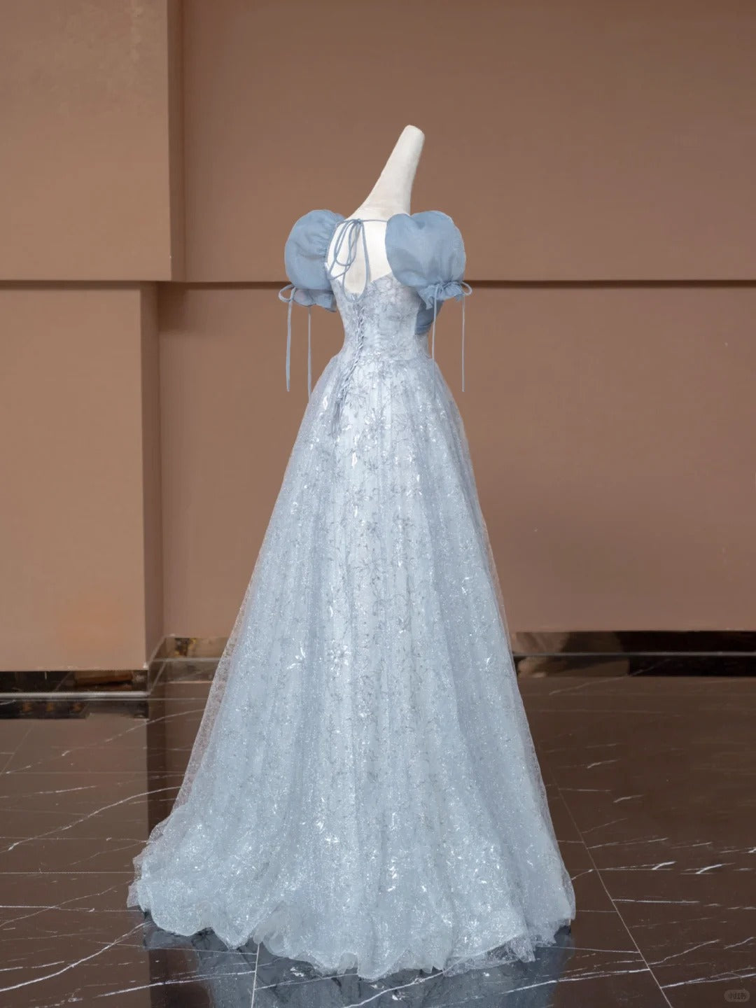Robe de bal féérique à décolleté cœur et manches bouffantes, en tulle bleu, longue robe de soirée formelle, robe d'anniversaire formelle, robe de bal N730