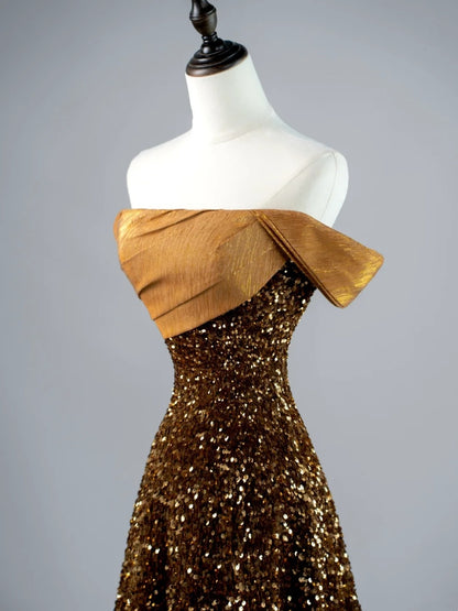 Robe de bal longue à sequins, coupe trapèze, épaules dénudées, style sage, idéale pour les jeunes filles (N1167)