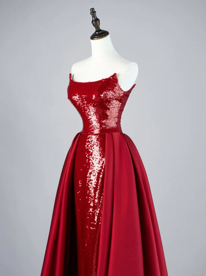 Robe de bal longue sirène bordeaux à paillettes, sans bretelles, plissée et avec traîne, en satin, référence N848
