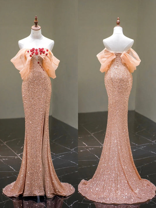 Modest Mermaid Off The Shoulder Pink Sequined With Slit Long Prom Dress For Women Girls Evening Dresses N671