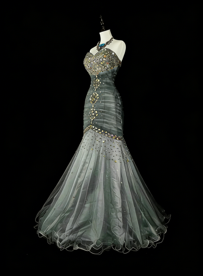 Vintage Ballkleider Ästhetik 1950er Jahre Retro Meerjungfrau Herz-Ausschnitt Grau Langes Partykleid N2022