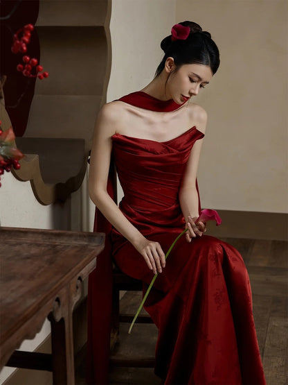 Simple Mermaid Sweetheart With Scarf Burgundy Satin Long Prom Dresses Formal Gowns Inspo Evening Outfit N230
