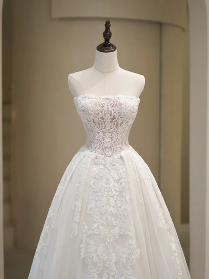 Robe de mariée élégante, robe de bal bustier en dentelle blanche sans manches, robe de mariée cintrée N231