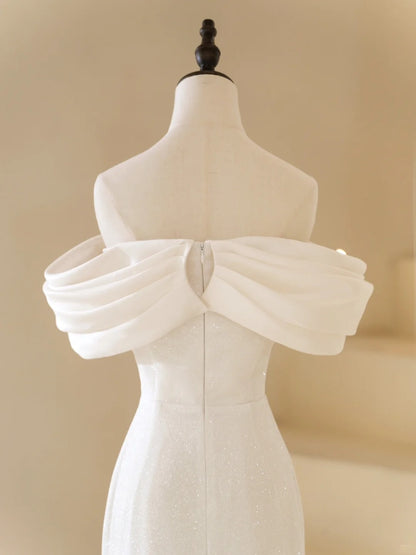 Robe de mariée sirène classique en satin blanc à épaules dénudées et manches courtes, robe de mariée longue N234