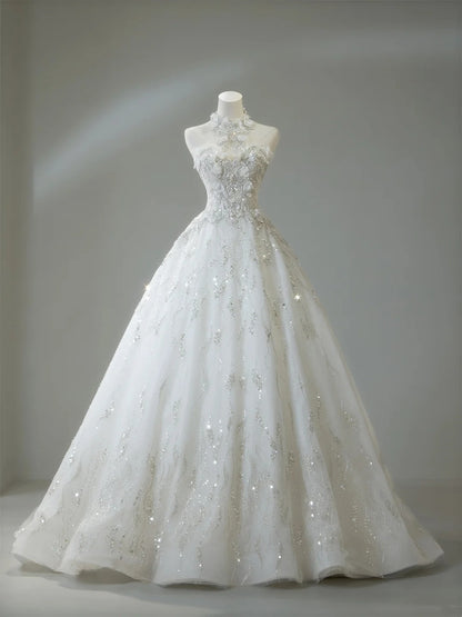 Robe de mariée classique à col montant, ornée de cristaux et de sequins blancs, idéale pour l'été (N276)