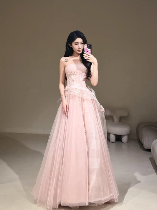 Sweet Ball Gown Strapless Pink Tulle With Lace For Women Party Dress Long Formal Prom Dresses 22th Birthday Outfits N298