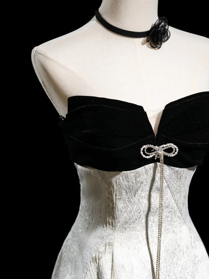Elegantes, trägerloses, langes Abendkleid aus Satin mit A-Linien-Muster und Blumenmuster, bodenlang, formelles Abendkleid N274