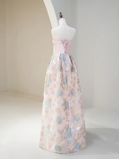 Robe de bal élégante sans bretelles en satin rose à fleurs, robe de soirée longue, tenue pour un 18e anniversaire, robe de remise de diplôme RB1037
