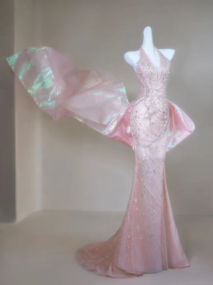 Robe de bal longue sirène chic à sequins roses, dos nu, pour adolescentes et jeunes filles, idéale pour un 20e anniversaire (N135)