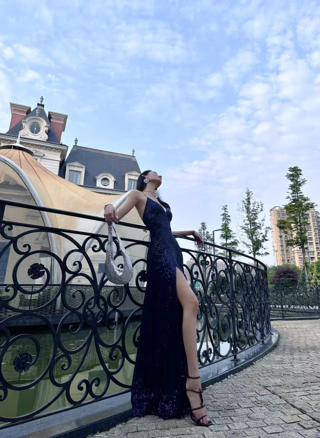 Modest Mermaid V Neckline Marine Ball Dresses Long Formal Gowns Navy Blue Sequin Slit Prom Dresses Evening Gowns AB802
