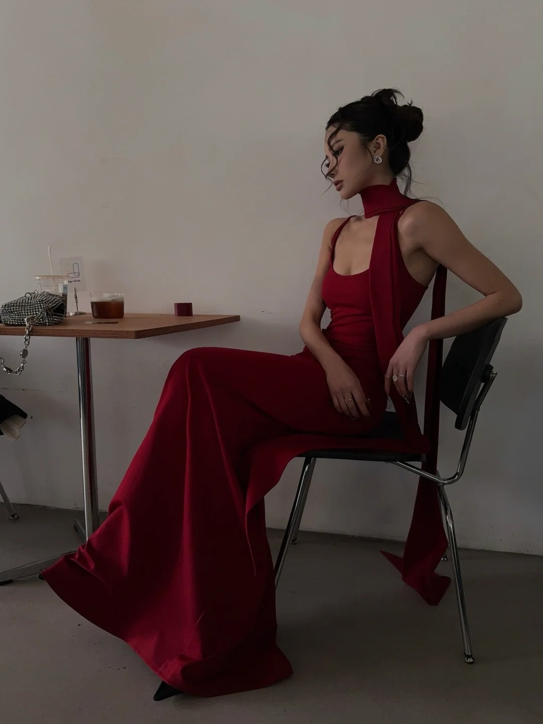 Robe de bal longue rouge sirène à fines bretelles et foulard, inspiration pour un 18e anniversaire, robe de soirée formelle N465