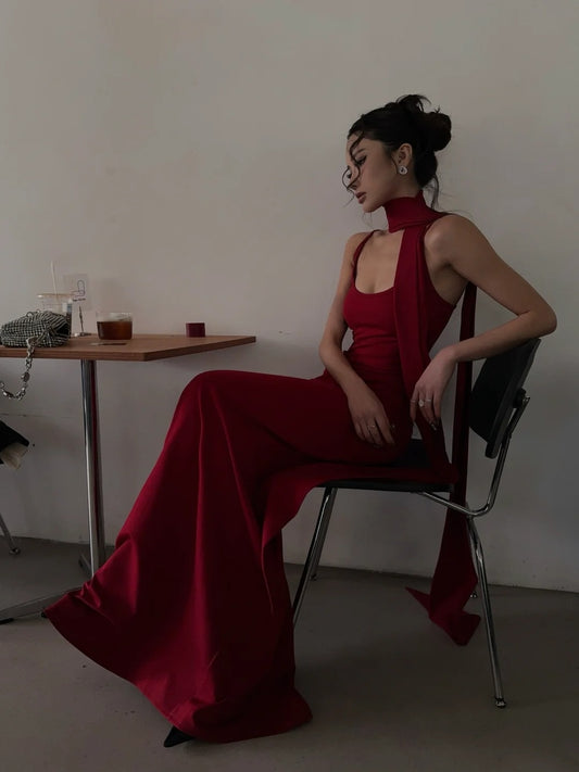 Robe de bal longue rouge sirène à fines bretelles et foulard, inspiration pour un 18e anniversaire, robe de soirée formelle N465