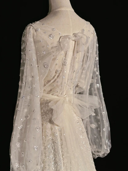 Robe de mariée classique trapèze à col rond et sequins blancs à manches longues - N243