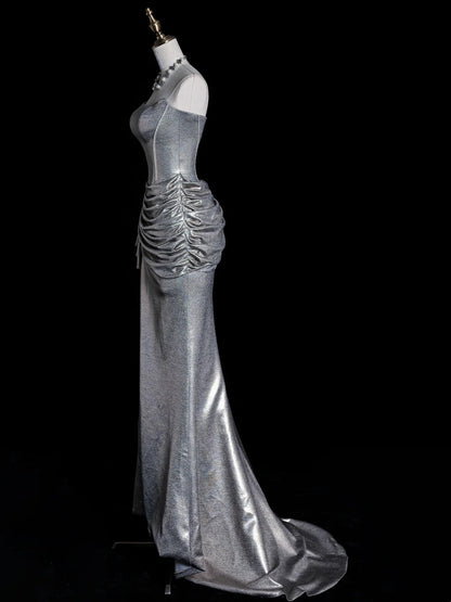 Robe de bal longue sirène sans bretelles, sequins gris argentés, corsage plissé, robe de soirée N611
