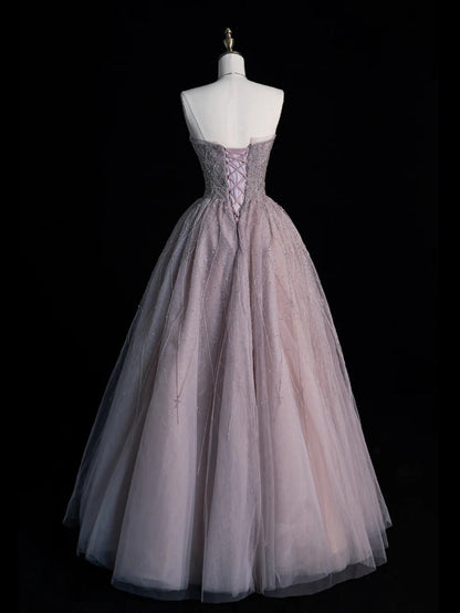 Robe de bal sobre sans bretelles ornée de perles, longue robe de bal en tulle gris pour adolescentes, robe de demoiselle d'honneur formelle N1071