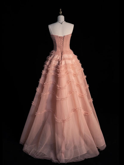 Niedliches, trägerloses Ballkleid aus rosa Tüll für den Abschlussball, langes formelles Kleid für die High School, N1273
