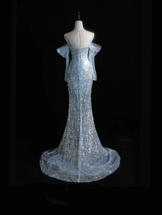 Magnifique robe de bal longue sirène à sequins bleu ciel clair, épaules dénudées, inspiration tenue de soirée N245