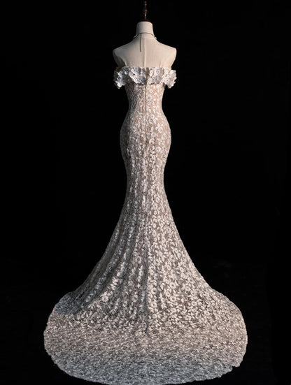 Robe de mariée sirène classique blanche à épaules dénudées et manches courtes, ornée de sequins N244