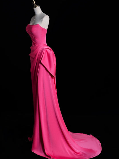 Robe de bal longue sirène simple sans bretelles en satin rose plissé avec doublure en satin N849