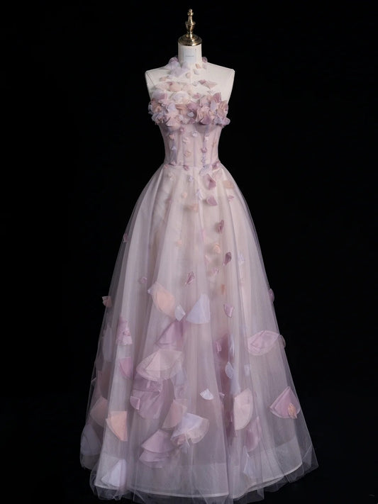 Robe de bal modeste en tulle rose à fleurs, col montant et coupe trapèze, inspiration robe de princesse N770