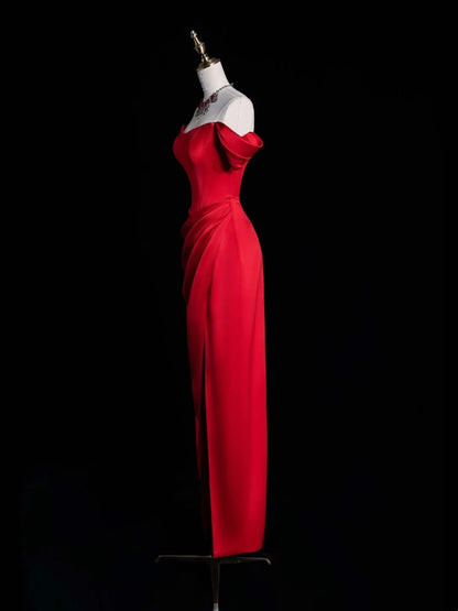 Robe de bal de fin d'année chic en satin rouge, fourreau, épaules dénudées et fente, N1271