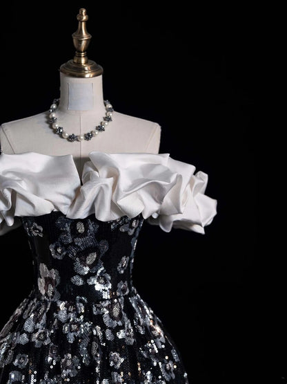 Modest Ball Gown Off The Shoulder Black Floral Sequin College Formal Sweet 16 Outfit Long Prom Dresses For Teens N1166