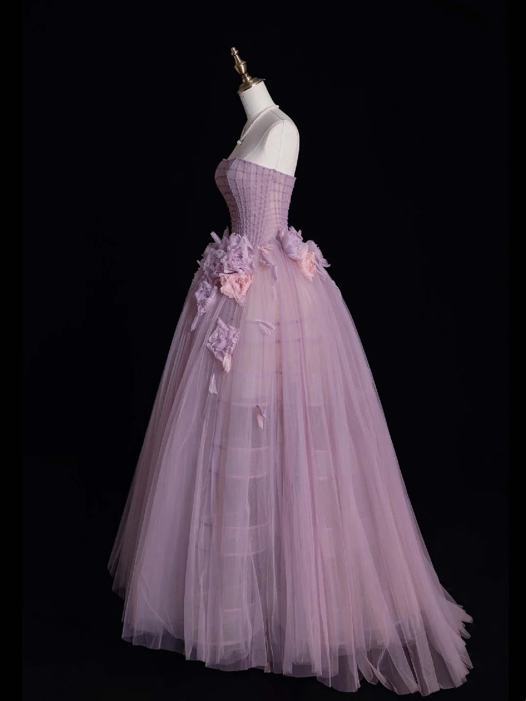 Robe de bal modeste sans bretelles en tulle lilas, longue robe de soirée formelle, robe de bal de fin d'année N747
