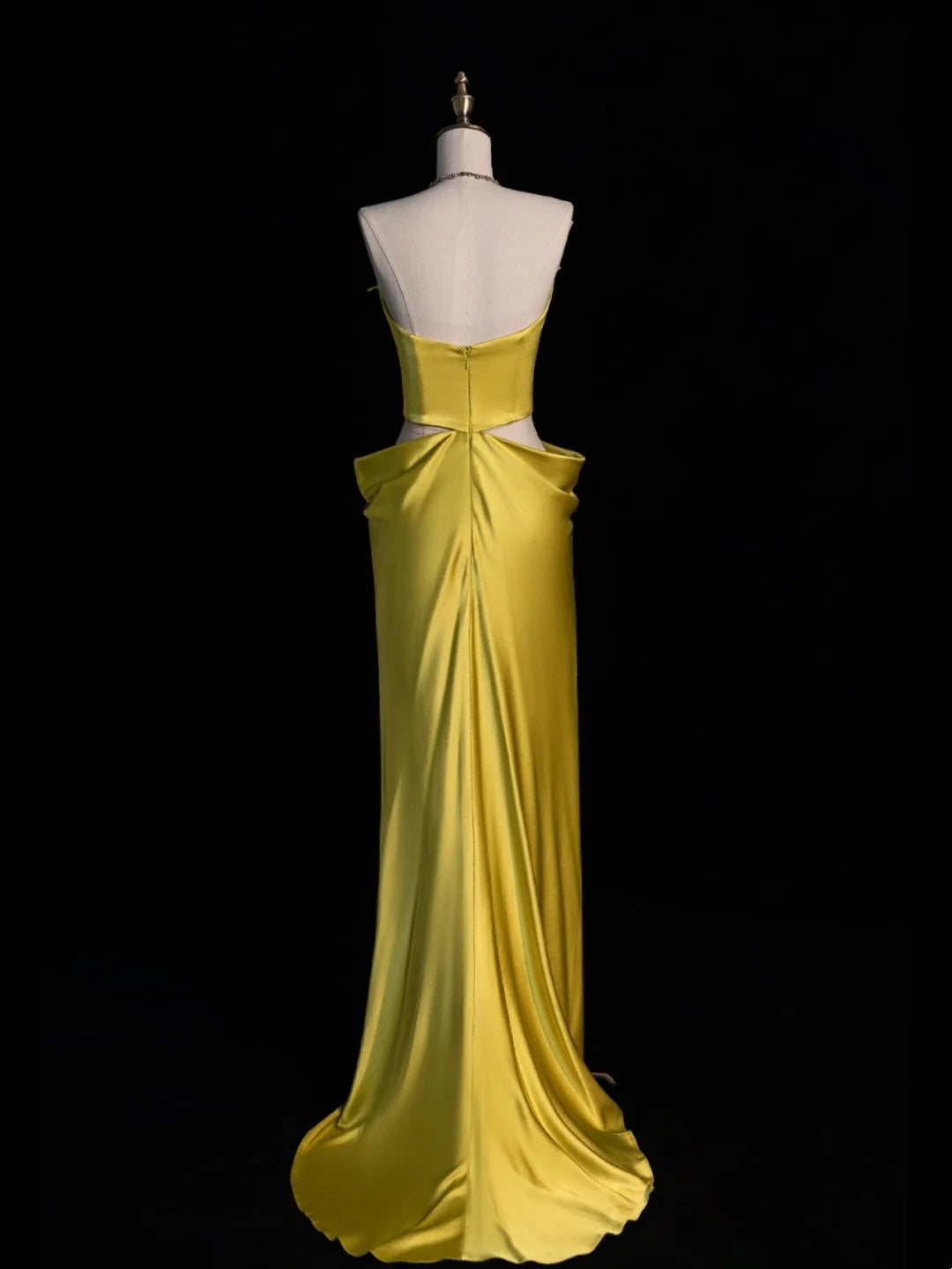 Elegantes, trägerloses, ärmelloses Meerjungfrauen-Abendkleid aus gelbem Satin im 80er-Jahre-Stil, langes formelles Kleid für die Oberstufe (N1339)