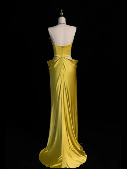 Elegantes, trägerloses, ärmelloses Meerjungfrauen-Abendkleid aus gelbem Satin im 80er-Jahre-Stil, langes formelles Kleid für die Oberstufe (N1339)
