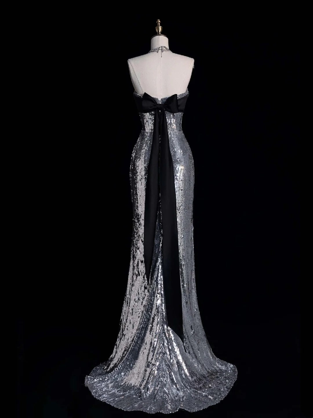 Funkelndes, trägerloses, graues Pailletten-Abendkleid im Meerjungfrauenstil, ärmellos, lang, für Damen und Mädchen, N666