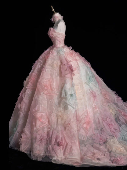 Robe de bal modeste sans bretelles en tulle rose à fleurs, inspiration robes de soirée, robe de princesse formelle N755