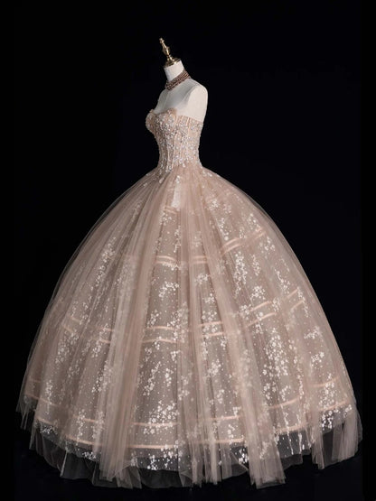 Ball Gown Strapless Champagne Sleeveless With Applique Tulle Long Quinceanera Dresses Sweet 15 16 Birthday Outfits N1076