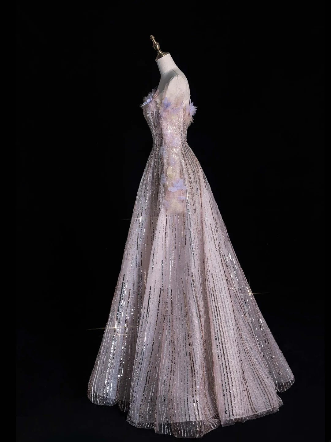 Prinzessinnen-Abendkleid in A-Linie, schulterfrei, paillettenbesetzt, lang, formell, Ballkleid N741